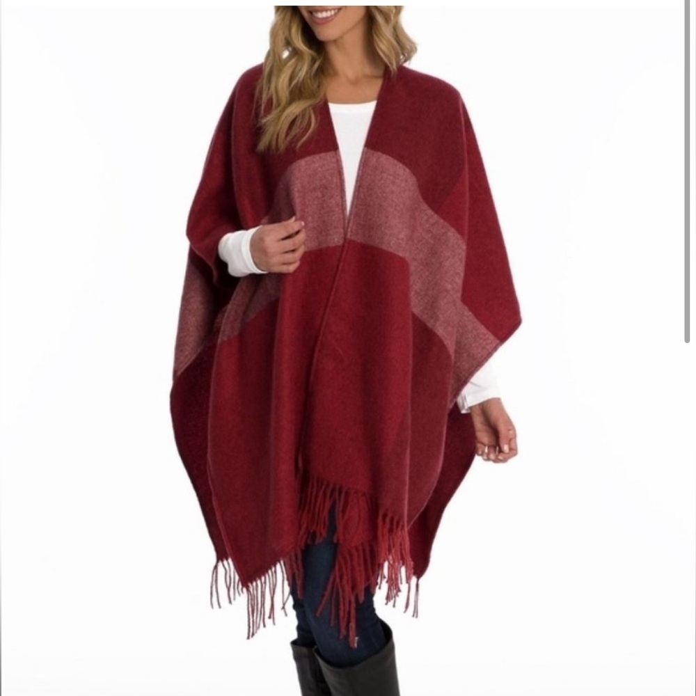 WOOLRICH Cozy Blanket Wrap Poncho Burgundy One Size